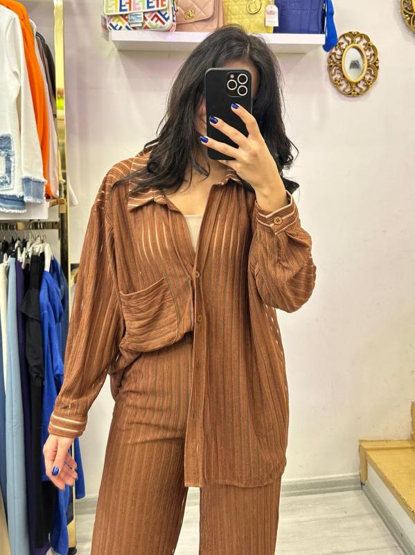 Kahve Oversize Gömlek Pantolon Takım