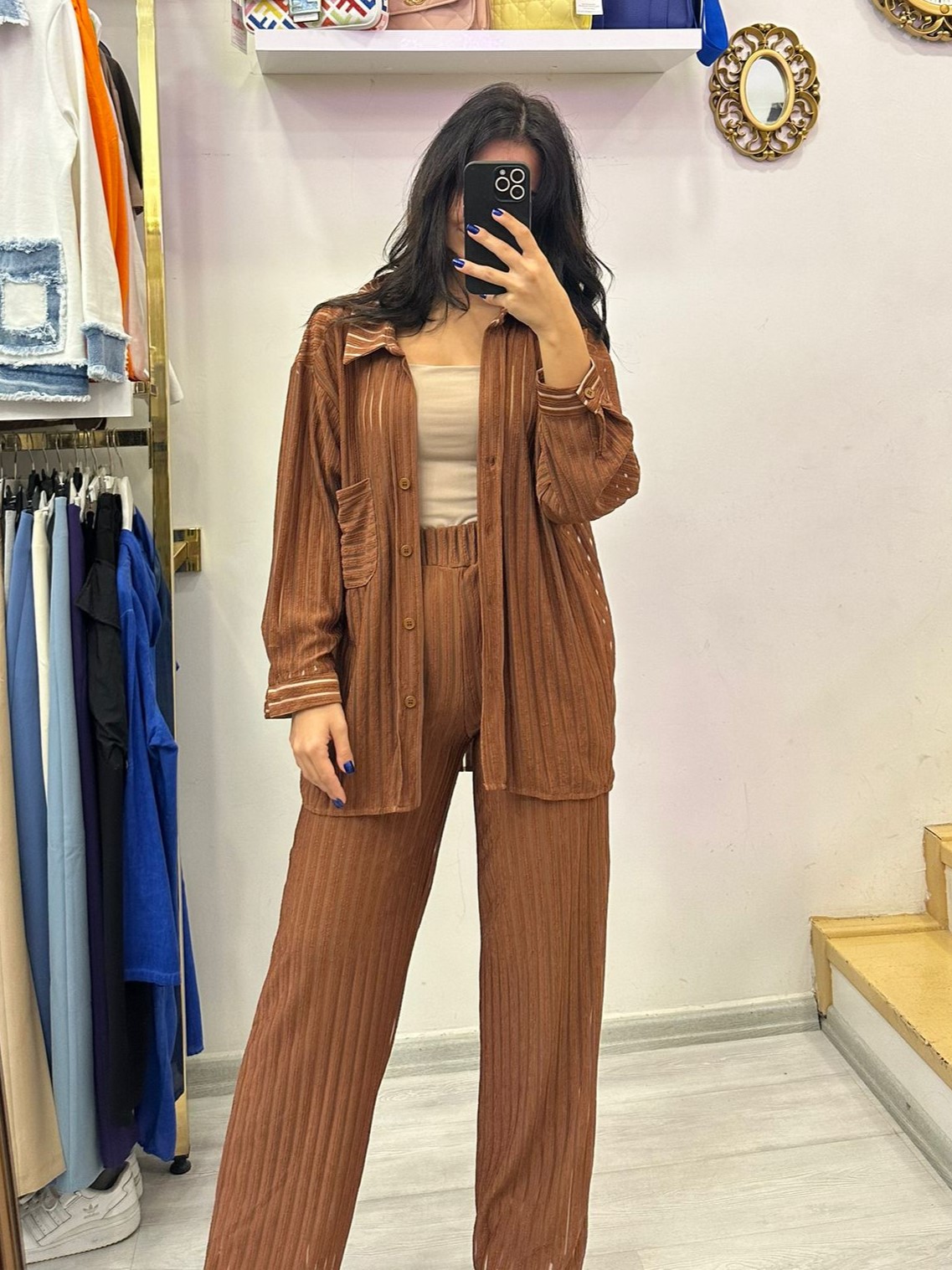 Kahve Oversize Gömlek Pantolon Takım