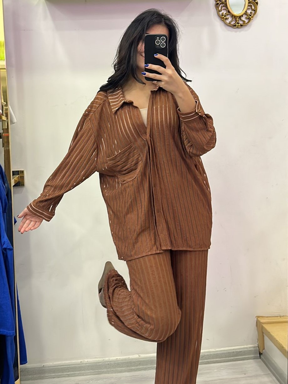 Kahve Oversize Gömlek Pantolon Takım