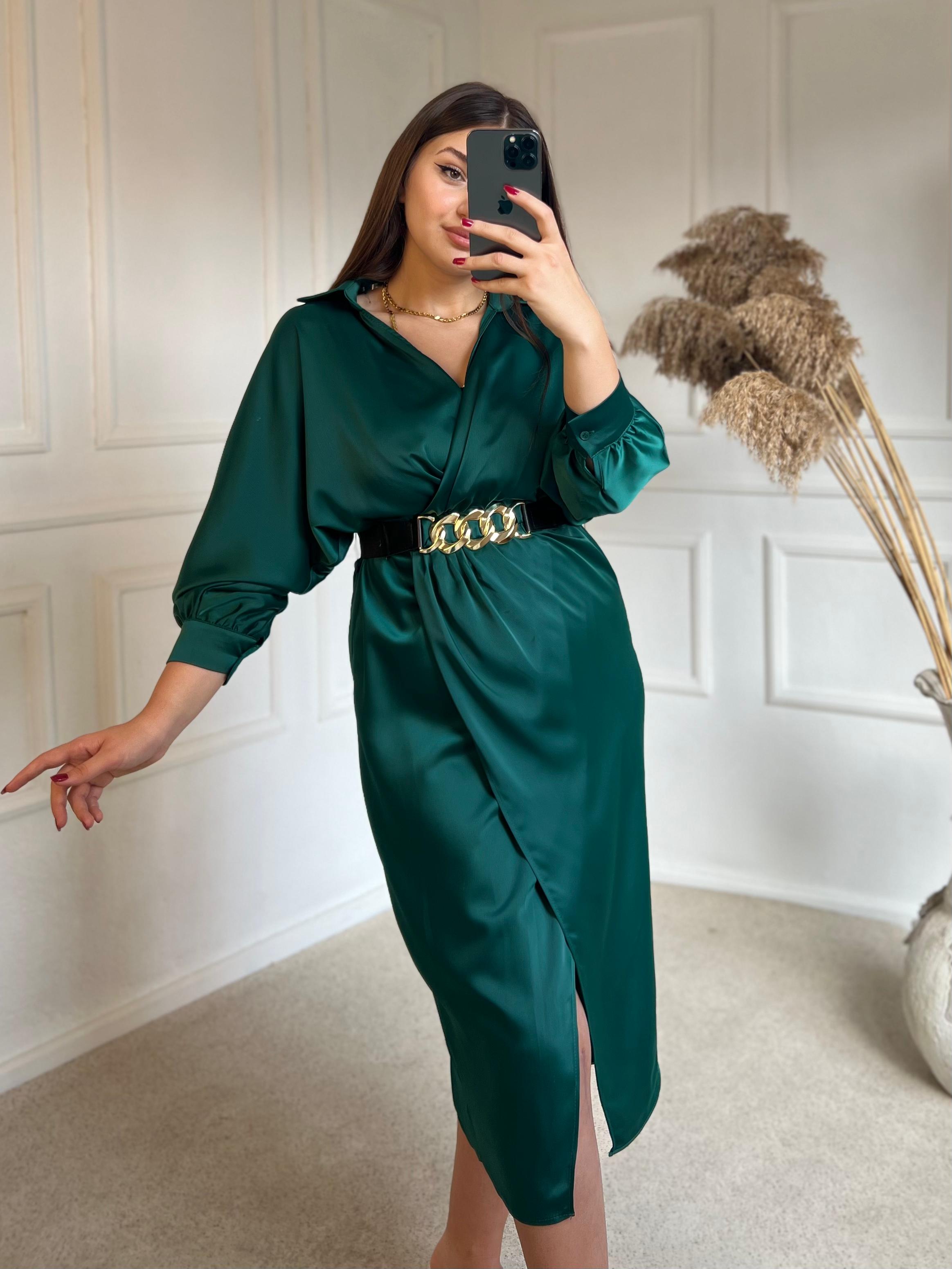 Saten Kruvaze Yaka Kemerli Elbise