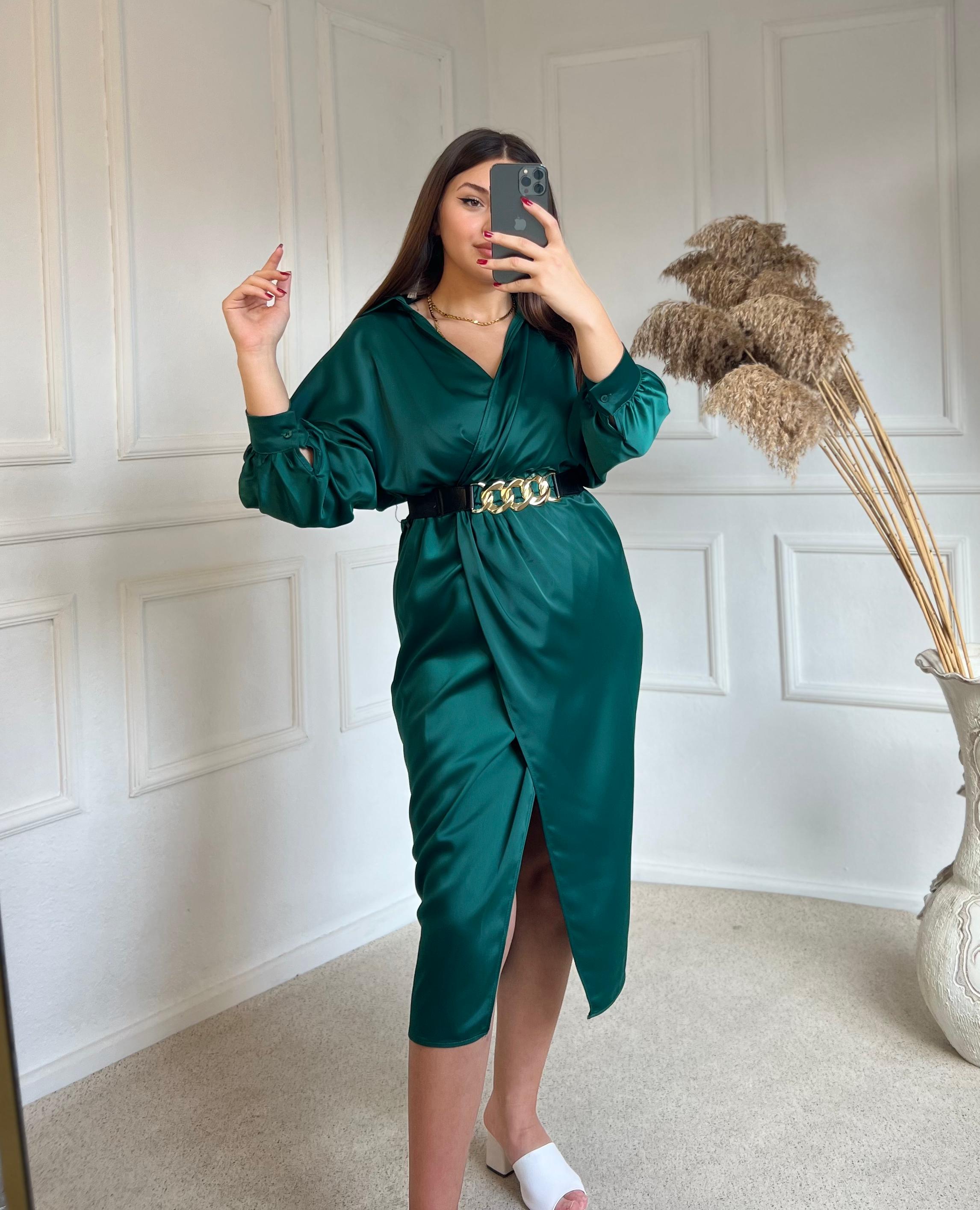 Saten Kruvaze Yaka Kemerli Elbise