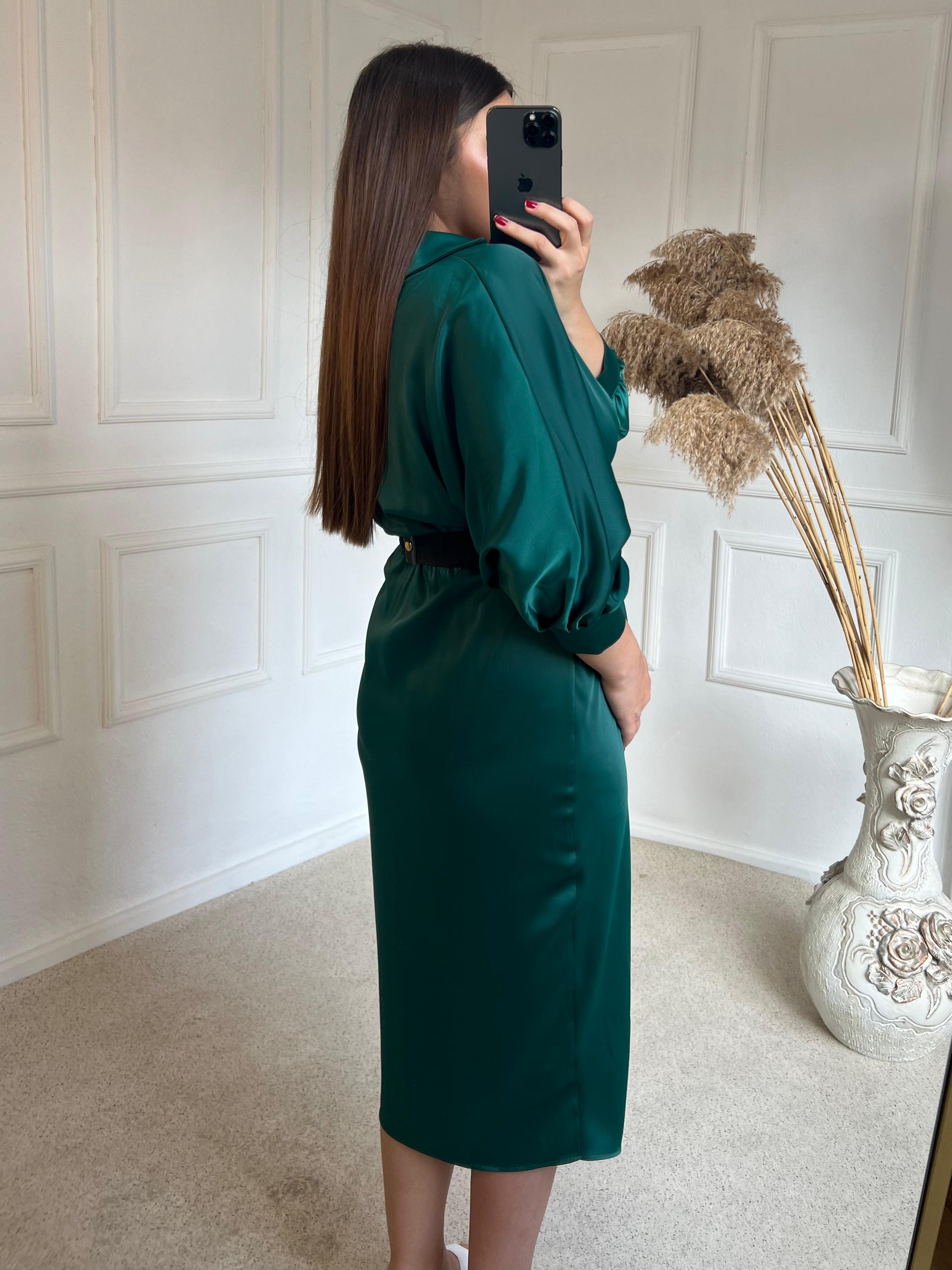 Saten Kruvaze Yaka Kemerli Elbise